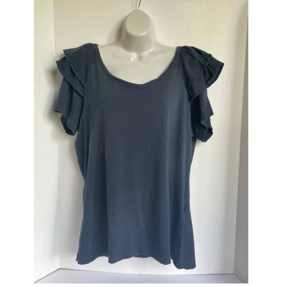 Current/Elliott Blue Double Ruffle Cotton Scoop Neck Tee Shirt Womens Large - Picture 3 of 7